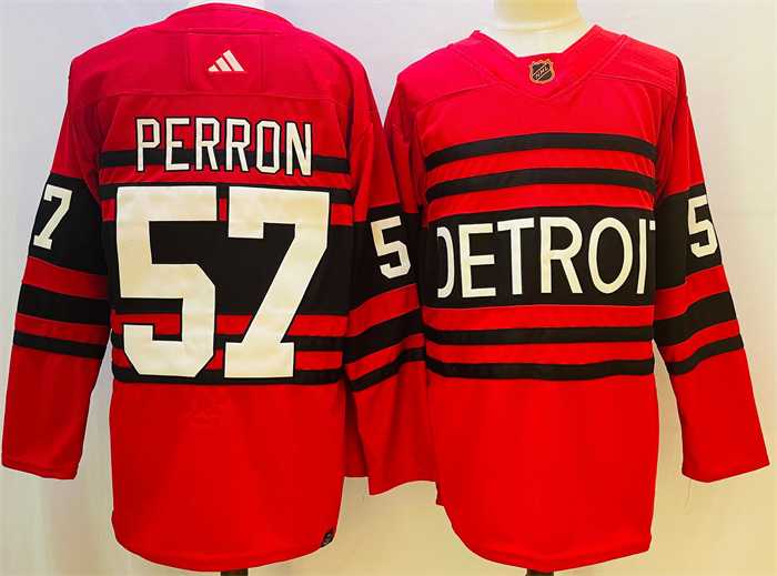 Men%27s Detroit Red Wings #57 David Perron Red 2022-23 Reverse Retro Stitched Jersey